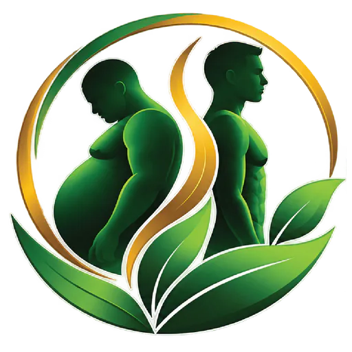 Potbelly Wahala emblem: a figure with a potbelly beside an upright, healthier figure, framed by leaves and a gold ring